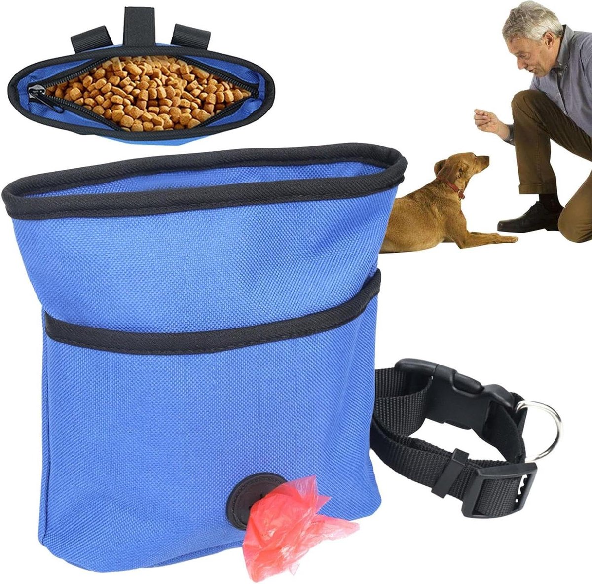 Hondentraktatie Heuptasje - Hondensnack Tasje - Hondentraining - Geïntegreerde Afvalzakhouder - 17x17 cm - Blauw
