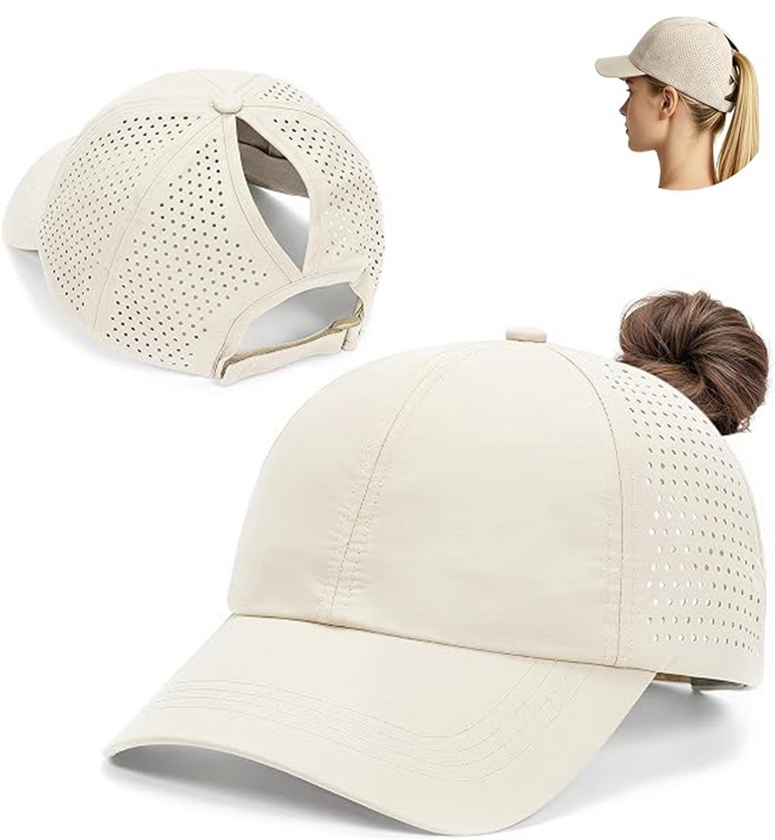 Zonbeschermende pet - ademend en verstelbaar - baseballpet voor dames met paardenstaart - waterdicht en sneldrogend - pet met hoge paardenstaart - zonnehoed voor buitensporten - zonbescherming - baseballpet - petomtrek 57 tot 58 cm - beige