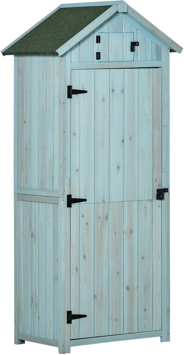 Houten tuinschuur - weerbestendige gereedschapsschuur 77x54 - 2x179cm - tuinhuis met deur - schuin dak - gereedschapskast met planken - tuinschuur voor tuin - terras - lichtblauw+groen