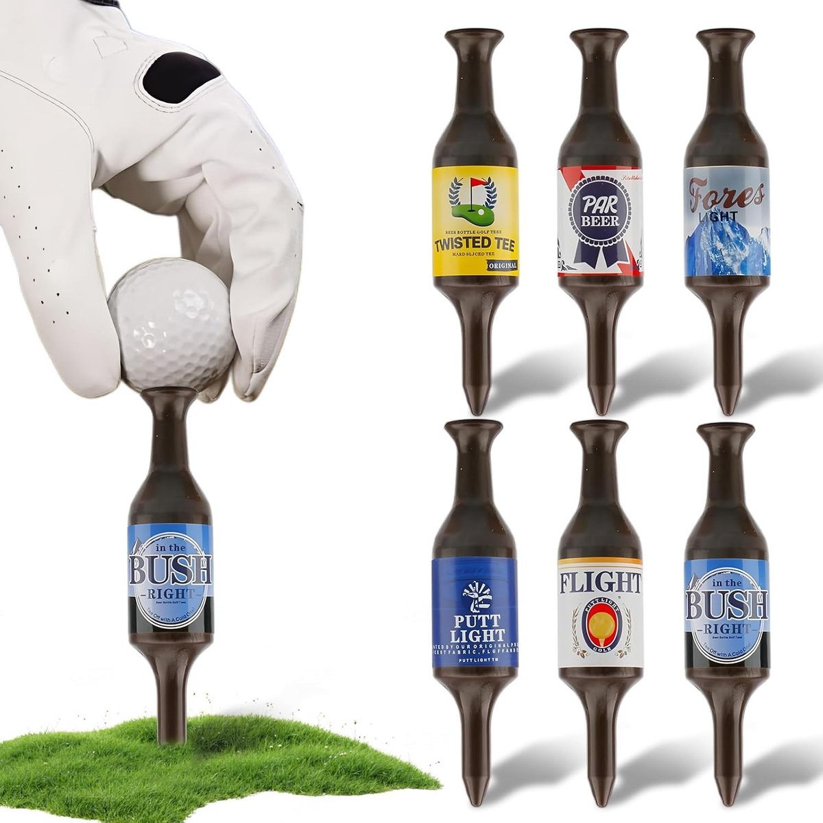 Grappige Golf Tees in Bierflesvorm, Duurzame Plastic Golfaccessoires, 9 cm, Perfect Cadeau voor Golfers en Familie, Set van 6