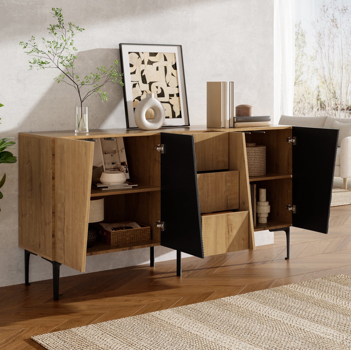Wishdor Dressoir - 4 deuren en 3 lades - verstelbare planken - industriële stijl - spaanplaat - naturel en zwart - 160 x 40 x 80 cm