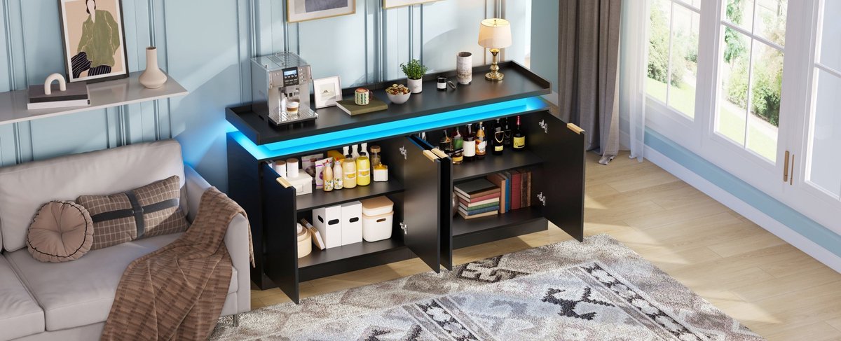 Wishdor Dressoir - 4 deuren - RGB-ledverlichting - App-bediening - Open opbergruimte - MDF - Zwart - 160 x 39 x 83 cm