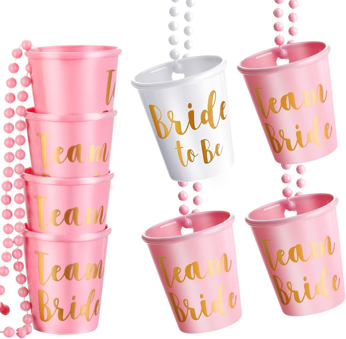 8 Stuks Shotglas Ketting voor Bruiloft en Bachelorette Party, Gouden Folie, Roze Decoratie voor Bruidsdouche en Feestjes
