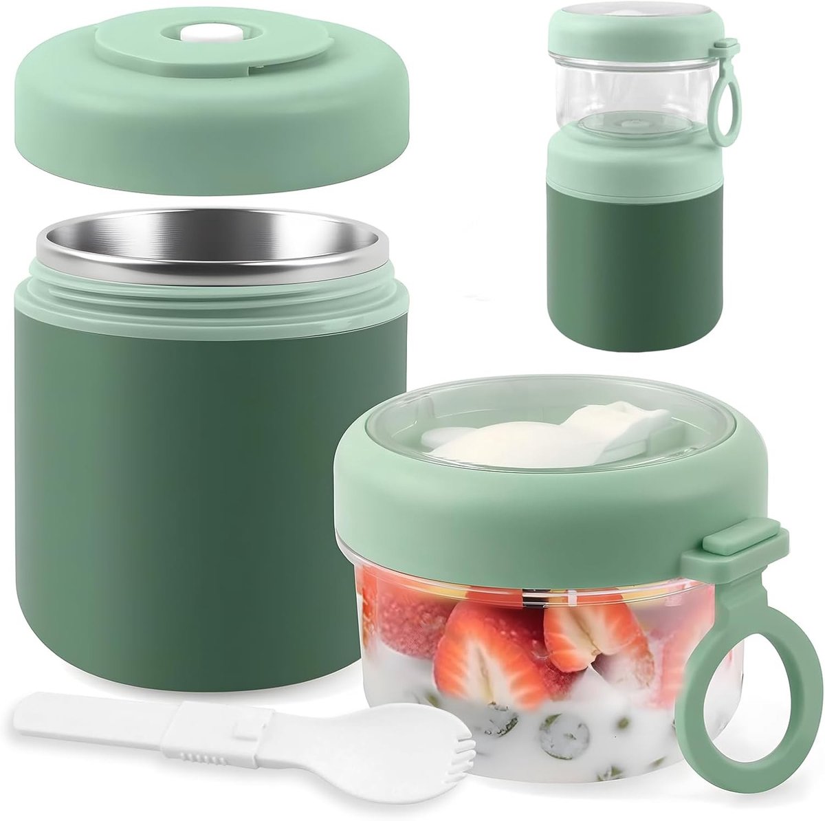 Yoghurt beker to go - Groen - 530 ml + 330 ml - Roestvrijstalen Mueslibeker met Lepel - Voor Ontbijt en Werk
