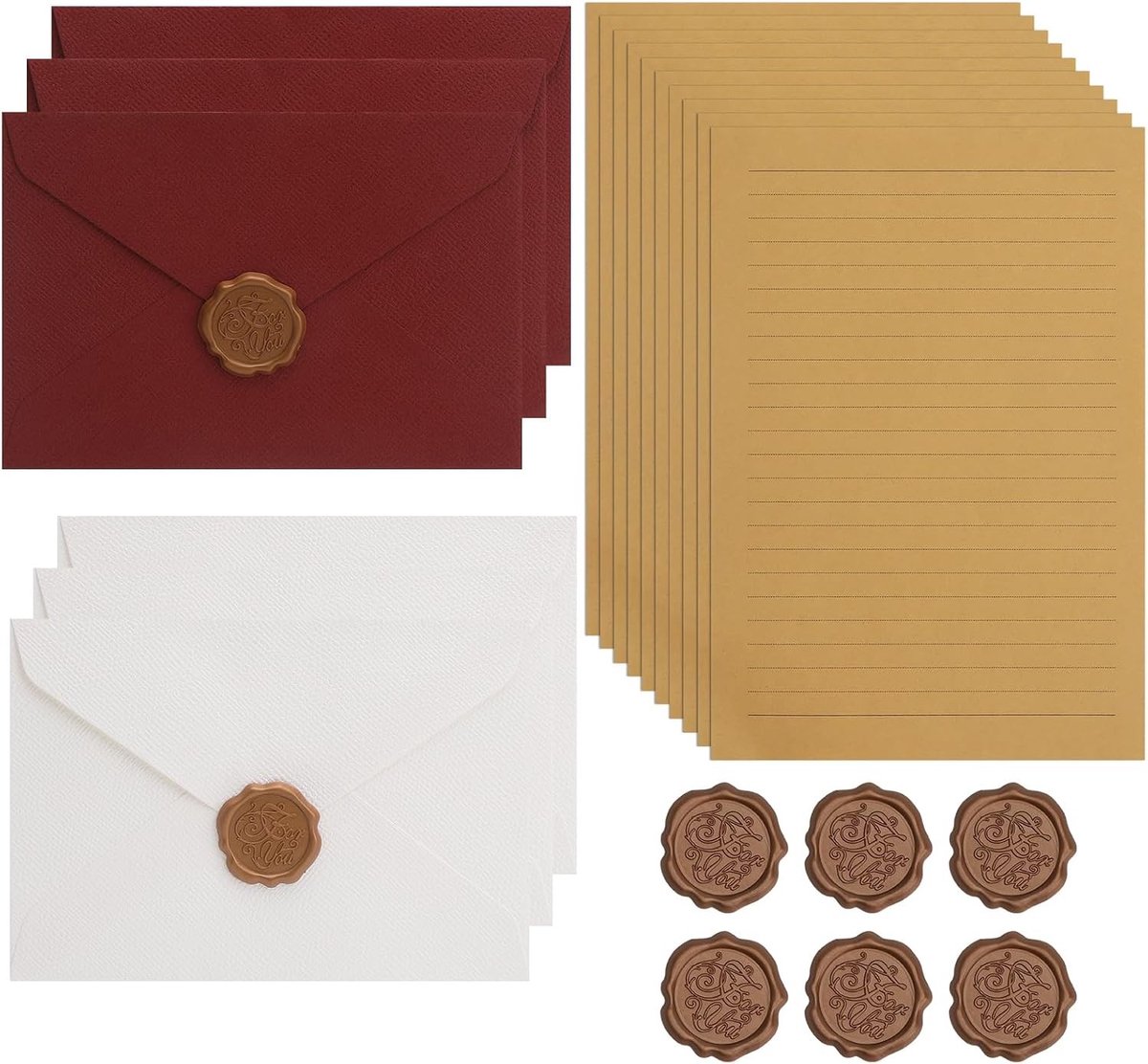 Vintage Briefpapier Enveloppen Set met 6 Linnen Enveloppen, 20 A5 Briefpapier en 6 Waszegels voor Verjaardagen, Trouwen en Uitnodigingen