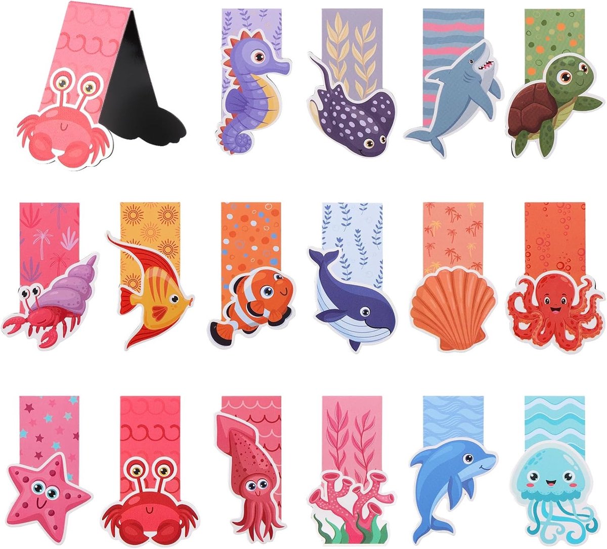 Schattige zeedieren bladwijzers voor kinderen - 16 stuks magnetische bladwijzers, perfect als cadeau voor leerkrachten en boekenliefhebbers