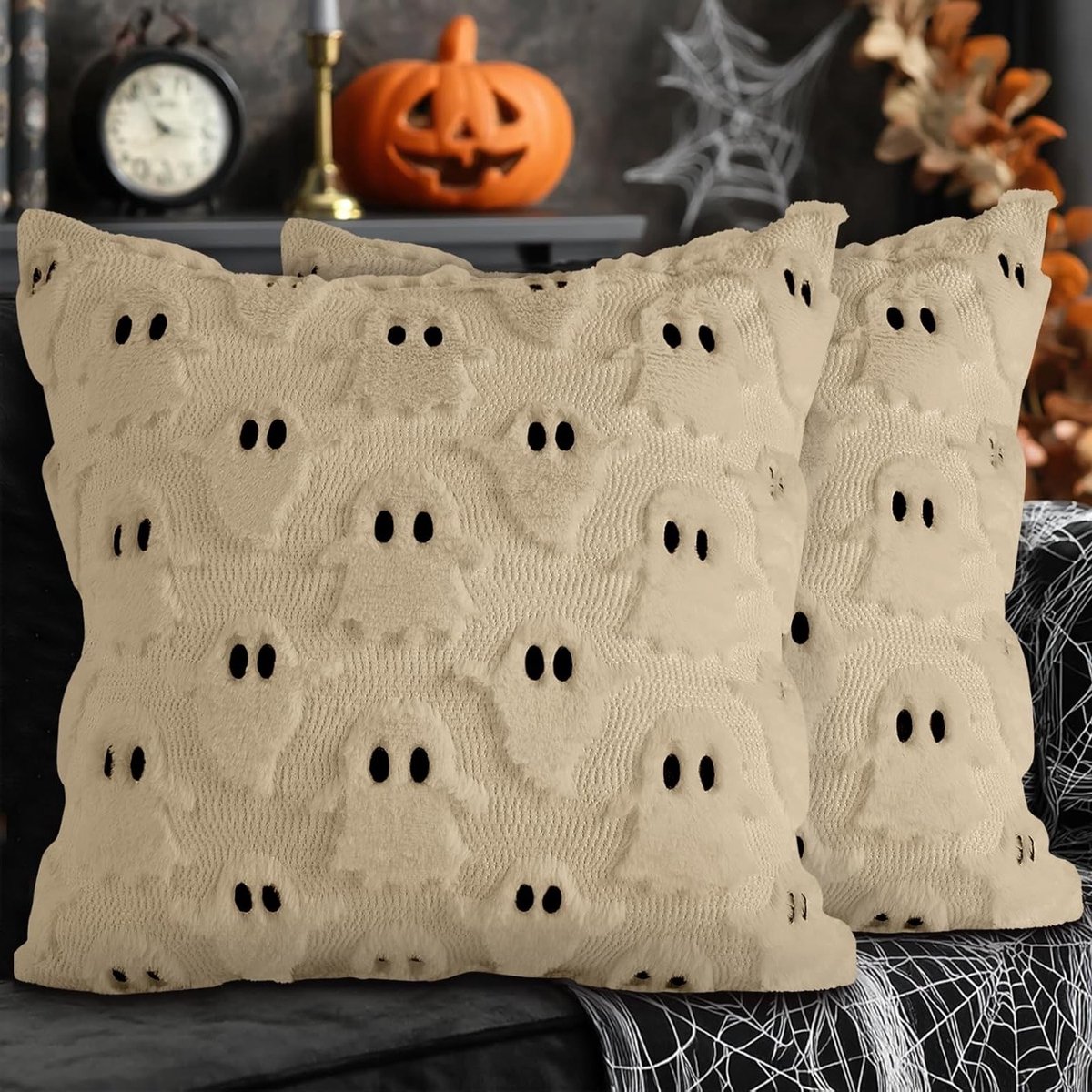 Set van 2 Schattige Spook Kussenslopen voor Halloween, Zacht Pluche 16x16 Inch, Perfect voor Woonkamer en Slaapkamer Decoratie
