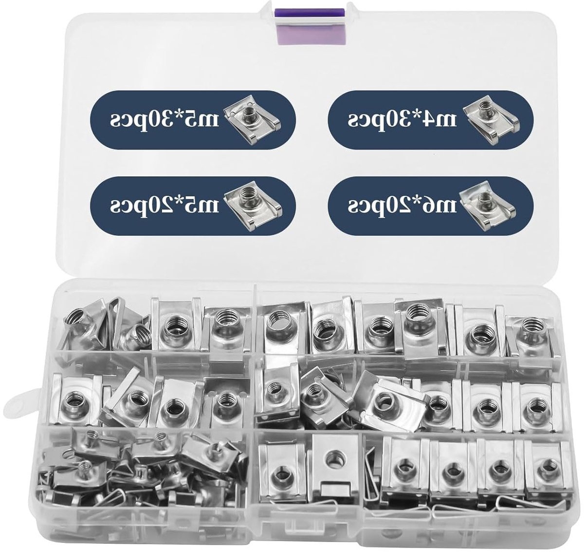 Assortiment van 100 Stuks U-Type Plaatmoeren, M4, M5, M6, M8, RVS, Inclusief Opbergdoos en Snap Nuts Set voor Diverse Toepassingen