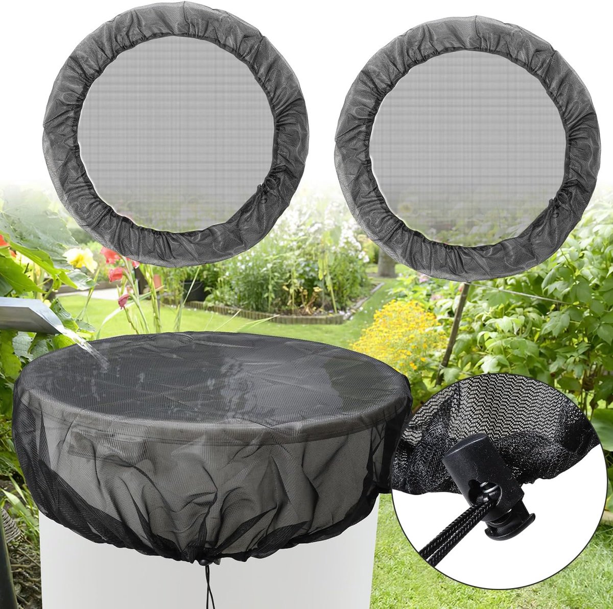 Regentonnet Set - Afdeknet Emmer - Regenton Schoonhouden - Verstelbaar Trekkoord - 95 cm Diameter - Zwart