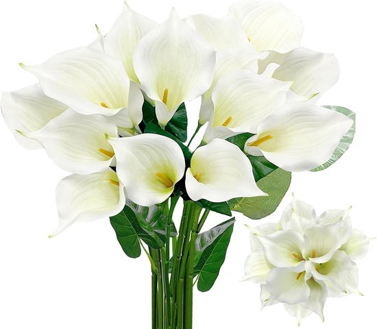 Kunstbloemen calla lelies - grote bloemen met groene bladeren - realistische latex - perfect voor thuis of bruiloft - ShopVlot