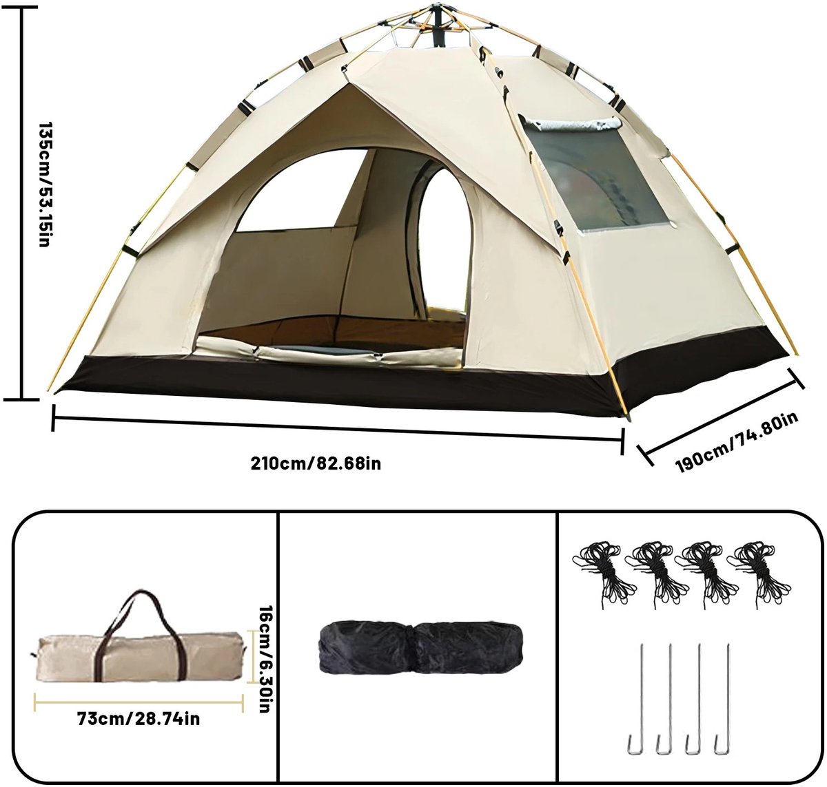 MV labels - Tent - Kampeertent - Campingtent - Festival tent - 4 Seizoenen - 210x 190x135 - 2 pers - Beige