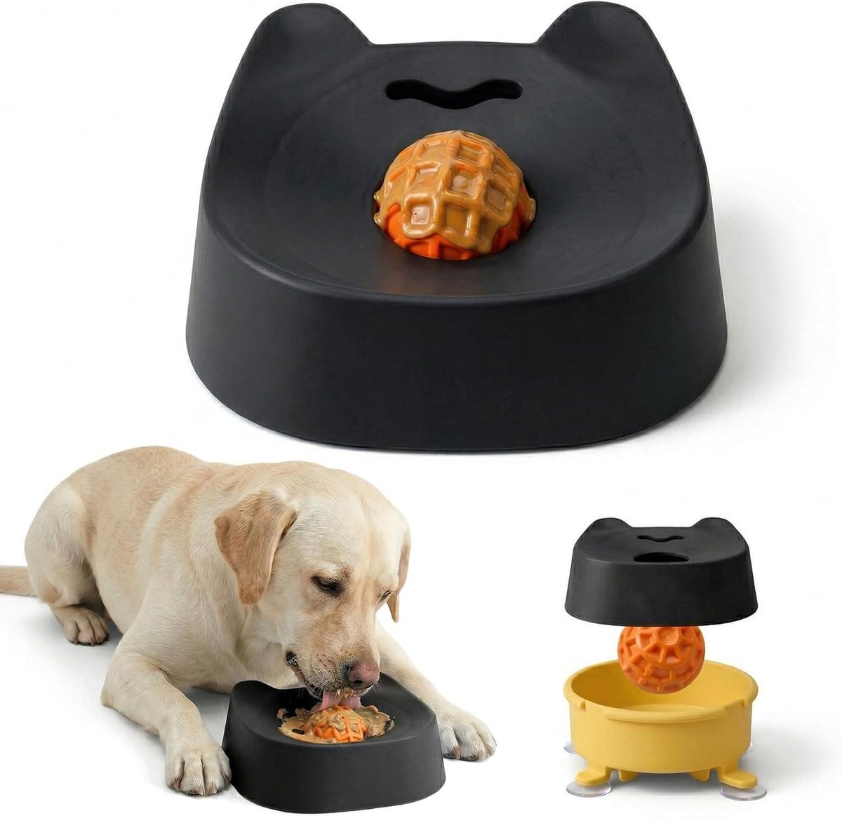 Likbak voor honden met rollende bal – Interactief likspeelgoed met zuignap – Slow-feeder likbak voor vloeibare traktaties – Geschikt voor kleine en middelgrote honden – Ondersteunt bij voedingssupplementen en angstverlichting – Zwart