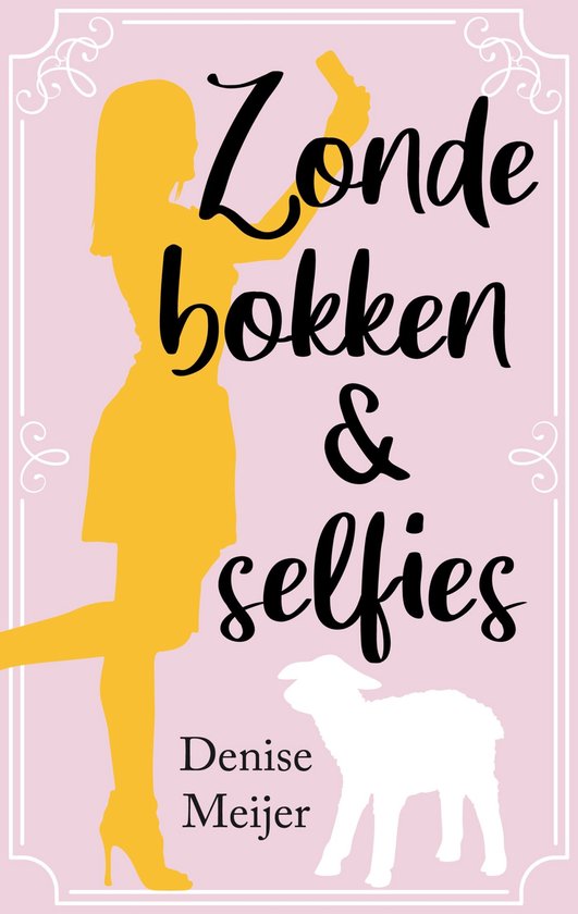 Silhouet van een vrouw in gele jurk en hoge hakken die een selfie maakt, naast een wit lammetje. Titel: Zondebokken & selfies.