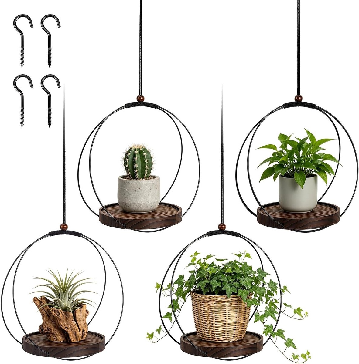 Set van 4 hangende plantenhouders voor kamerplanten met houten basis en metalen frame voor muur en plafonddecoratie