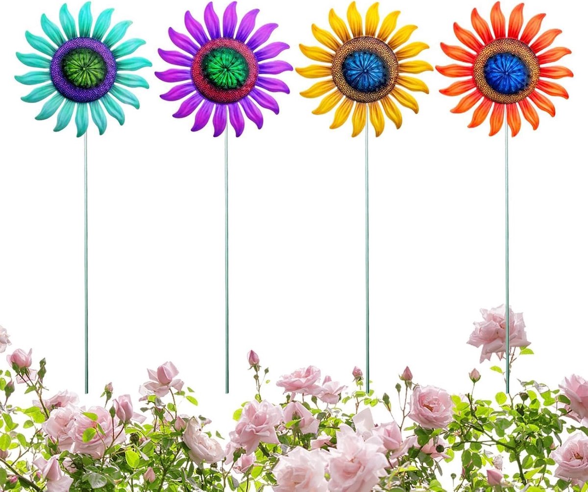 Metalen Tuinstaken - Bloem Decoratie - Tuin Verfraaien - Roestbestendig Ontwerp - 4 Stuks - Kleurrijk