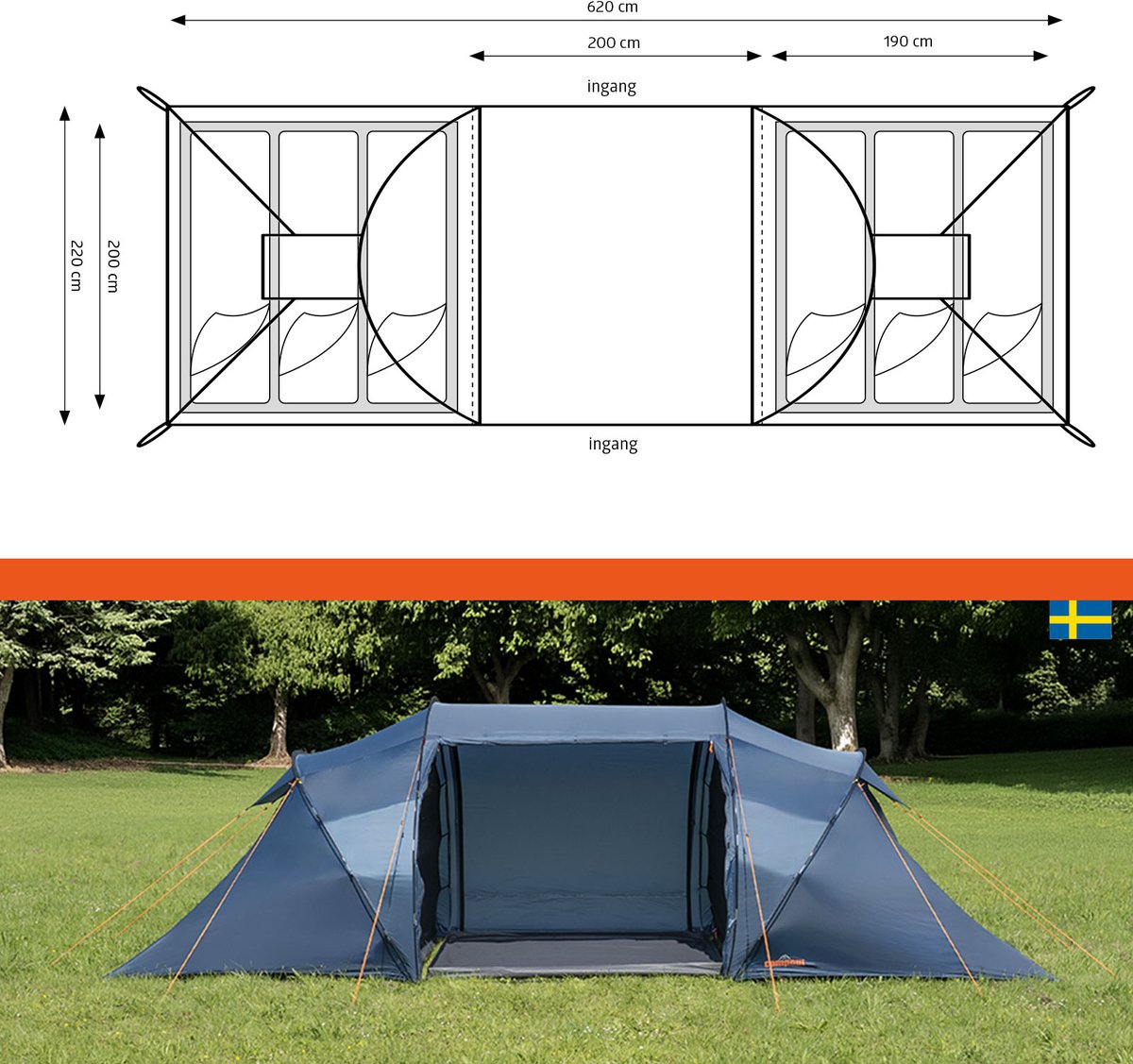 Campout 6 Persoons Familietent Koepeltent Vis-à-Vis – 2 Slaapcabines – 5000 mm Waterdicht – Uitneembaar Grondzeil - Grote Leefruimte – Incl. Luifel – foto 8