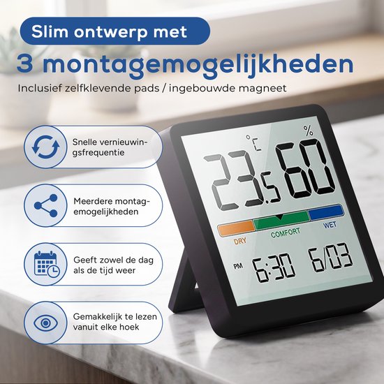 YUCONN Hygrometer - Luchtvochtigheidsmeter - Weerstation - Thermometer Binnen - Temperatuurmeter binnen - inclusief magneetstrip - Zwart