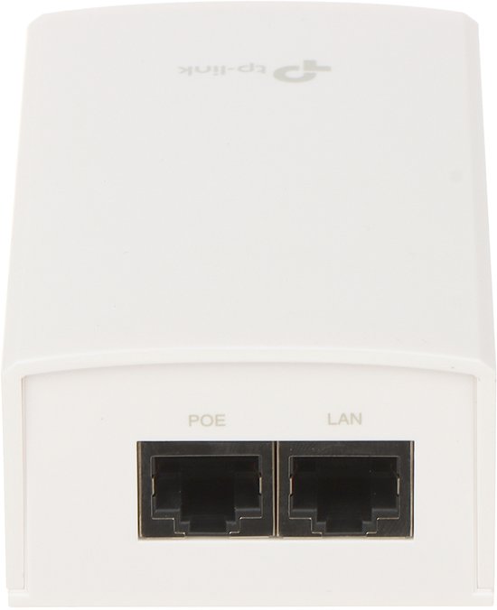 Witte TP-Link voedingsadapter met POE en LAN ethernetpoorten.