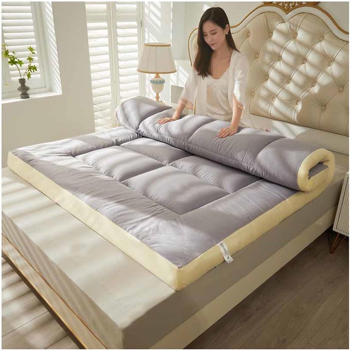 Japanse futonmatras - Opvouwbare vloermat - Comfortabel slapen - Huidvriendelijke stof - 200x220 cm - Lichtgrijs