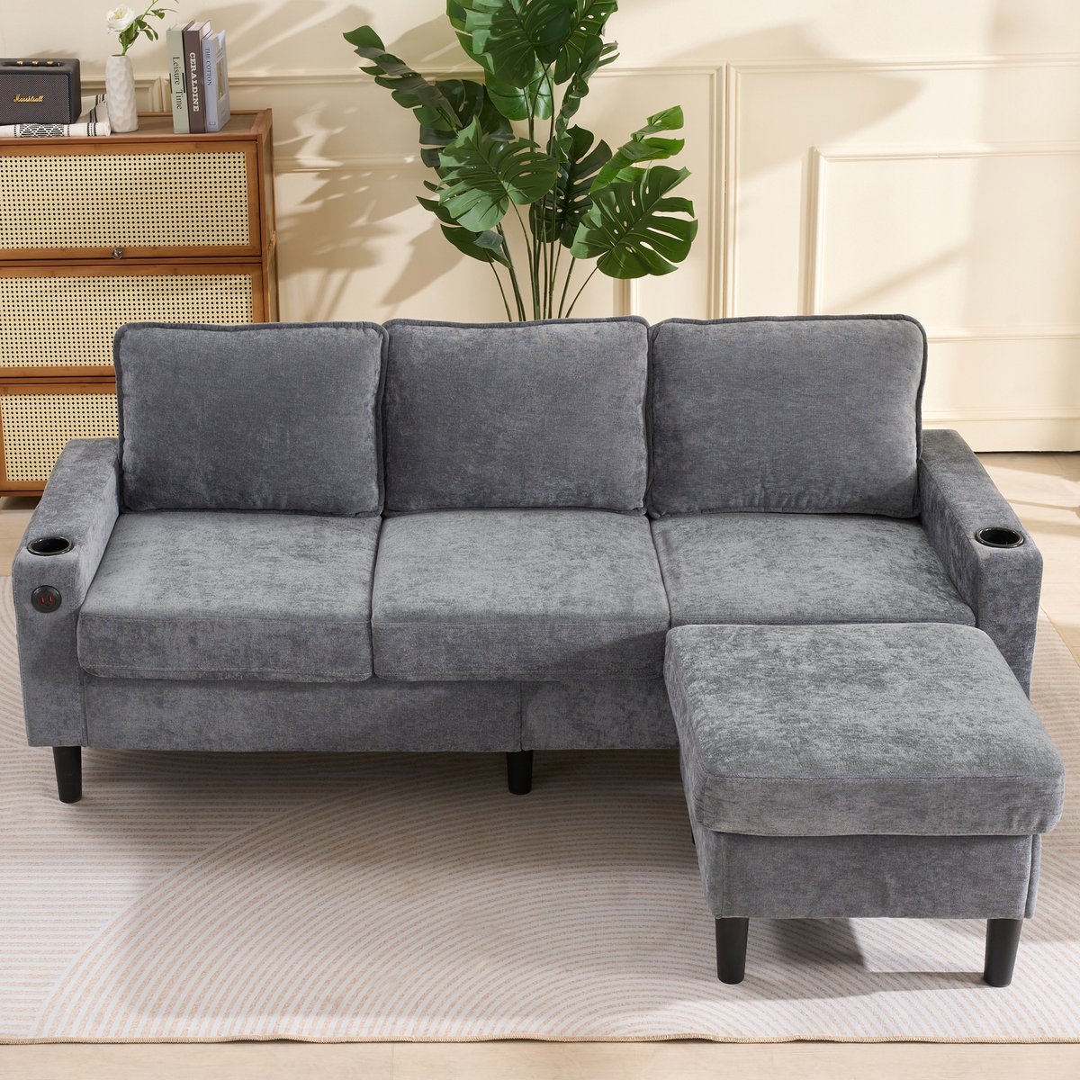DESMIU Hoekbank 202 x 137 x 80 cm - Met USB, Type-C, Bekerhouders En Voetenbank - Voor Woonkamer En Slaapkamer - Linnen Grijs
