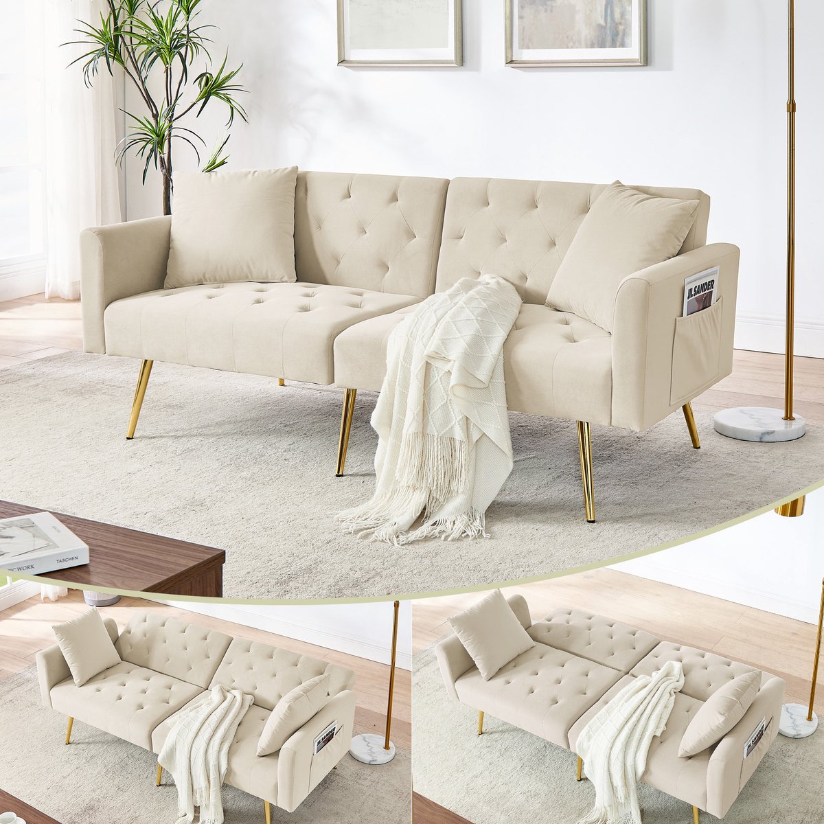 DESMIU U-Bank 268 Cm - 4-Zits Met Chaise Longue Links En Rechts, Verstelbare Rugleuning En Opbergruimte - Voor Woonkamer En Bureau - Chenille - Beige