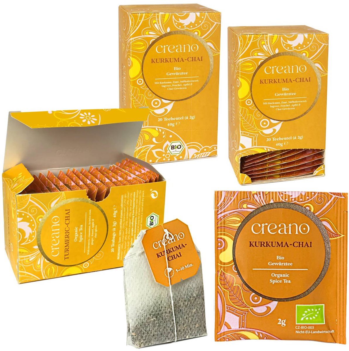 Creano Biologische Thee KURKUMA-CHAI, Biologische Theezakjes-Thee 3-pack (3x 20 Zakjes) *²