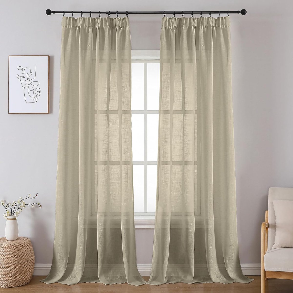 Gordijnen met linnenlook - Decoratieve panelen - Interieur verfraaien - Semi-transparant m