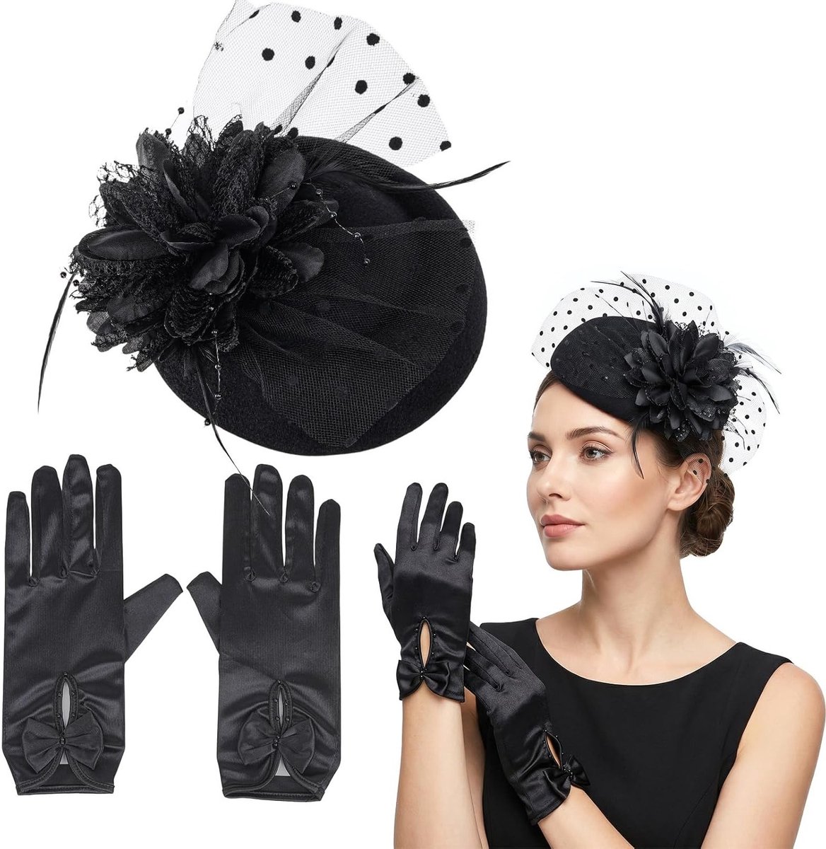 Vintage fascinator-hoed set met zwarte pillbox, netsluier en elegante handschoenen voor tea party, bruiloft en cocktailfeest