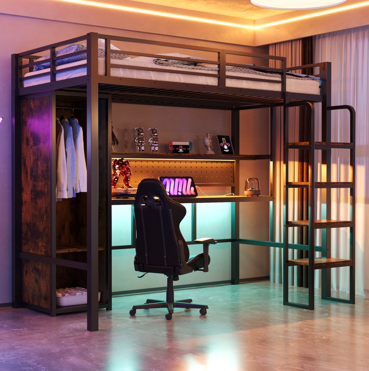 MEUNIQ hoogslaper 90 x 200 cm met bureau, kledingkast, legplank, verticale trap en LED-verlichting, metalen bedframe in zwart voor slaapkamer