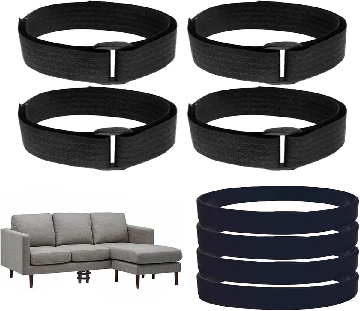 Bankverbinder Set - Meubelbevestiging - Stabiele Zithoek - Antislip Rubber Nylon - 4 Ringen 4 Banden - Zwart