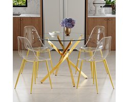 Set Tafel En Stoelen - Ronde Eettafel Met 4 Stoelen - Compact En Ergonomisch - Voor Eethoek En Keuken - Glas Metaal Kunststof - Goud Transparant