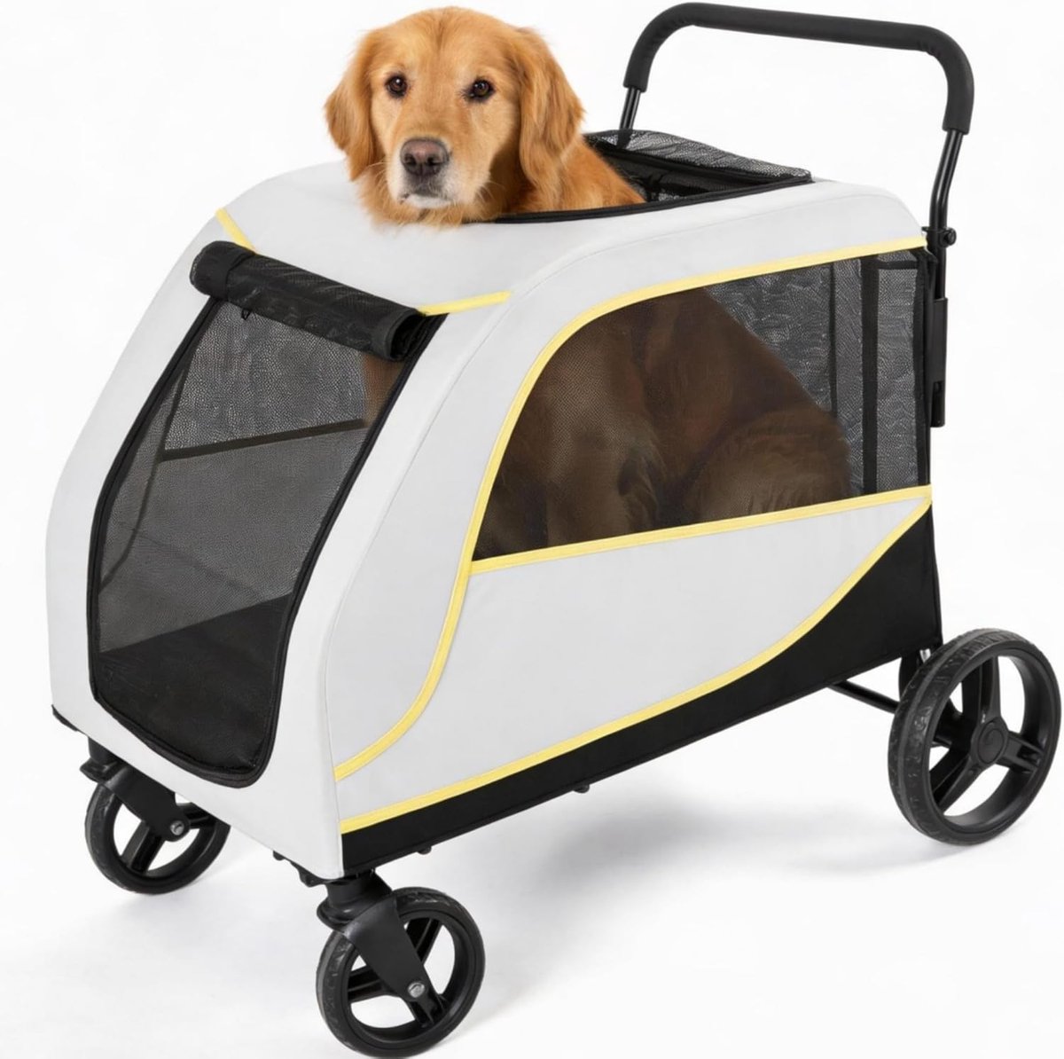 Honden- en kattenbuggy, draagvermogen 60 kg, opvouwbare transportwagen met 4 wielen en dubbele remmen, veiligheidsriem, voor- en achterdeuren voor gemakkelijke toegang, kussen en opbergvakken, duurzaam