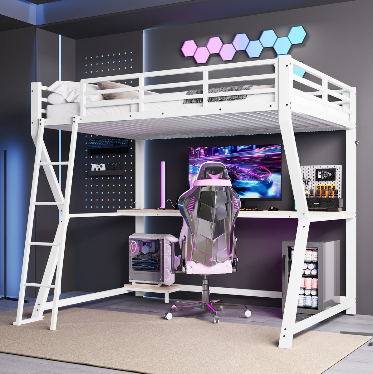 MEUNIQ hoogslaper 90x200 cm met bureau, LED-verlichting, trap, uitvalbeveiliging, stopcontact en USB, metalen frame met MDF, wit