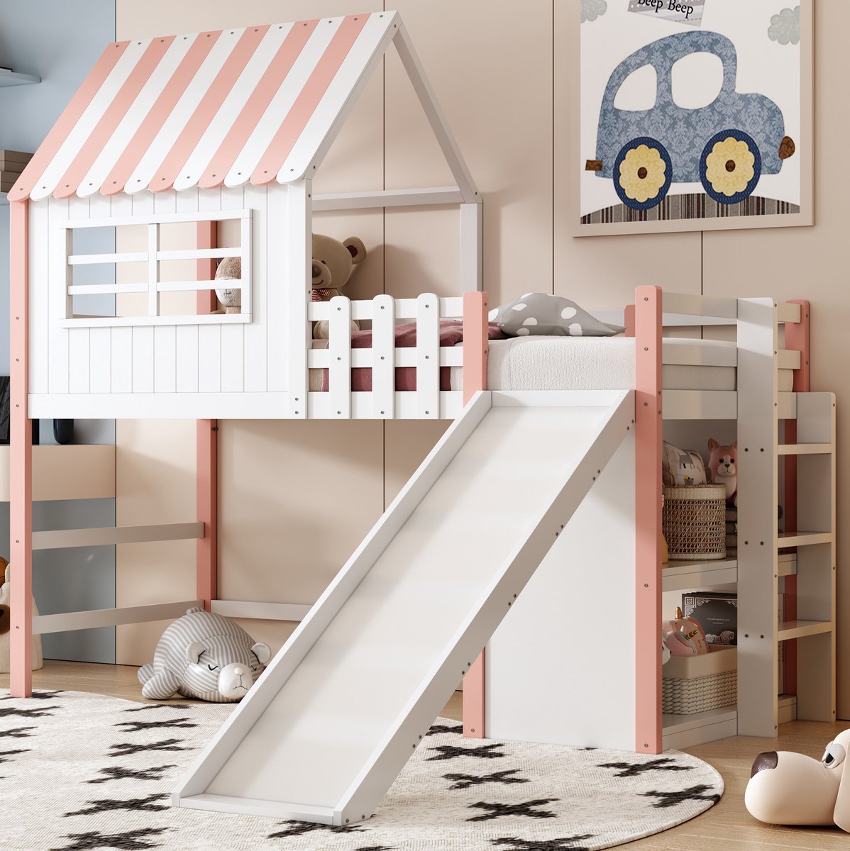 MEUNIQ Hoogslaper kinderbed 90 x 200 cm met glijbaan, veiligheidsladder, opbergruimte en 36 cm veiligheidshek voor kinderkamer, roze Pink