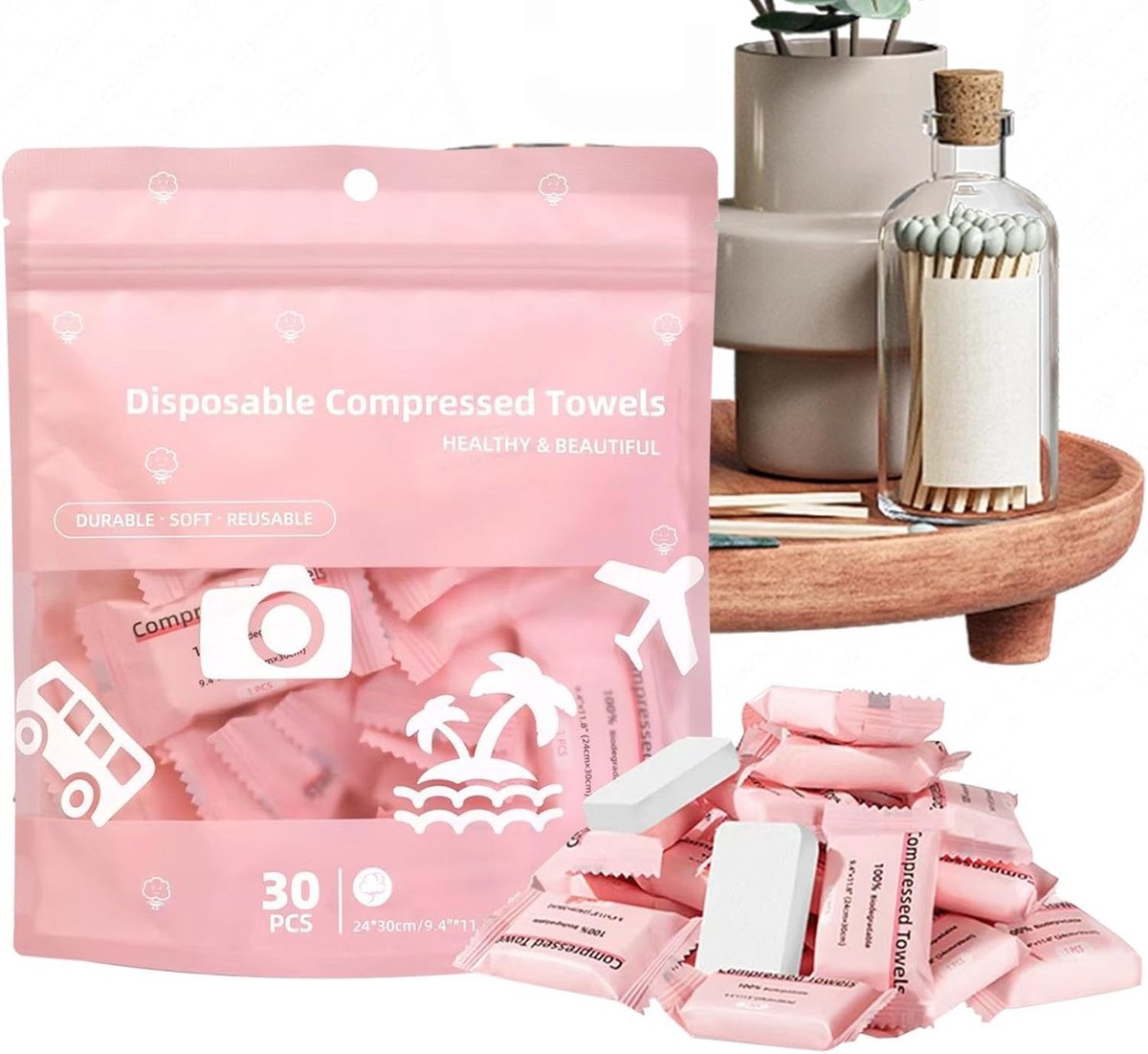 Gecomprimeerde handdoeken - Uitbreidbare washandjes - Draagbare reiniging - Afzonderlijk verpakt - 30 stuks - Meerkleurig