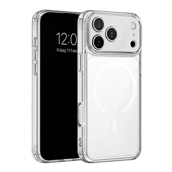 Doorzichtbare beschermhoes voor iPhone 17 Pro, met camera-uitsparing.