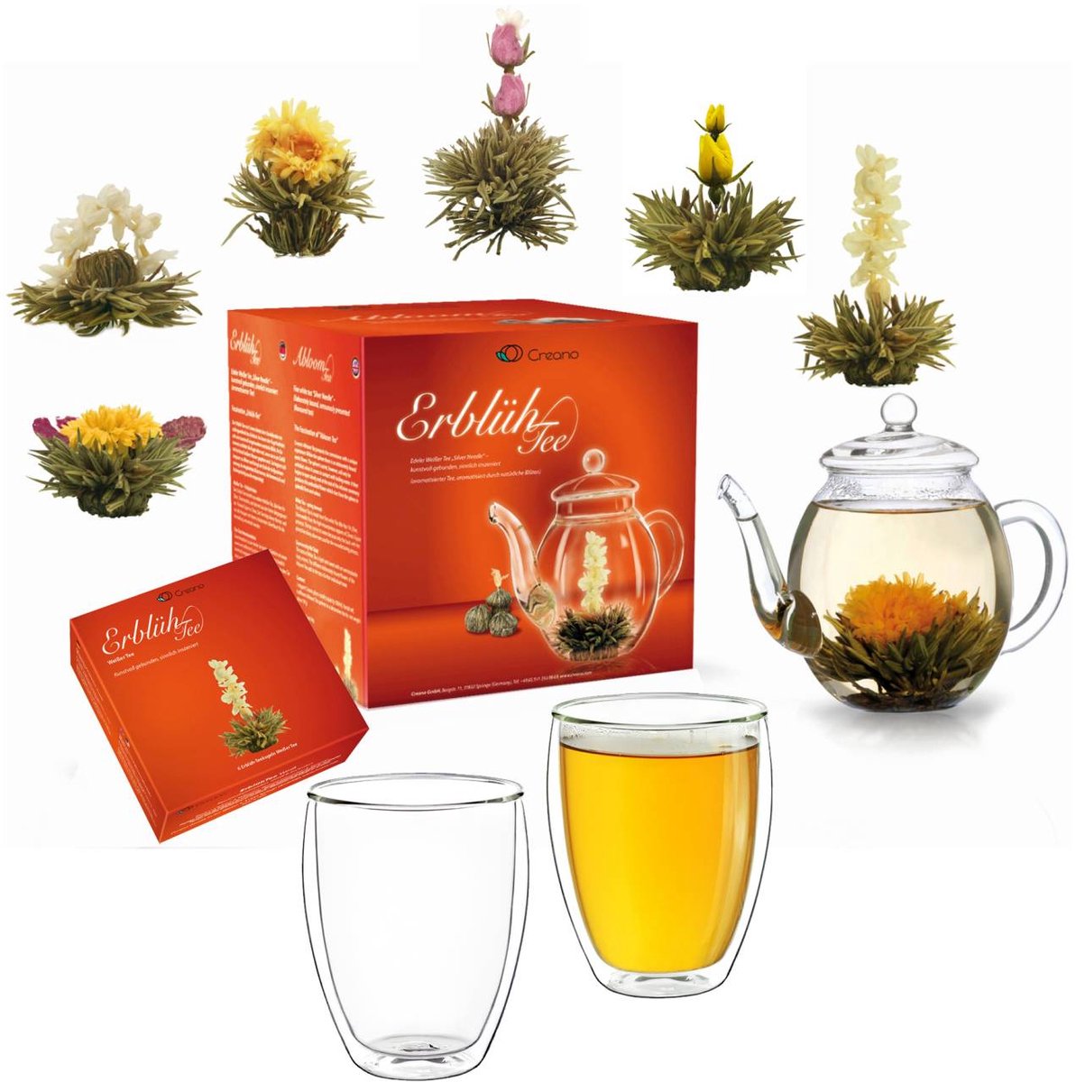 Creano Theebloemen Mix - Cadeauset Bloementhee met Glazen Theepot & 2x 250ml Thermoglazen - Witte Thee (in 6 Soorten)