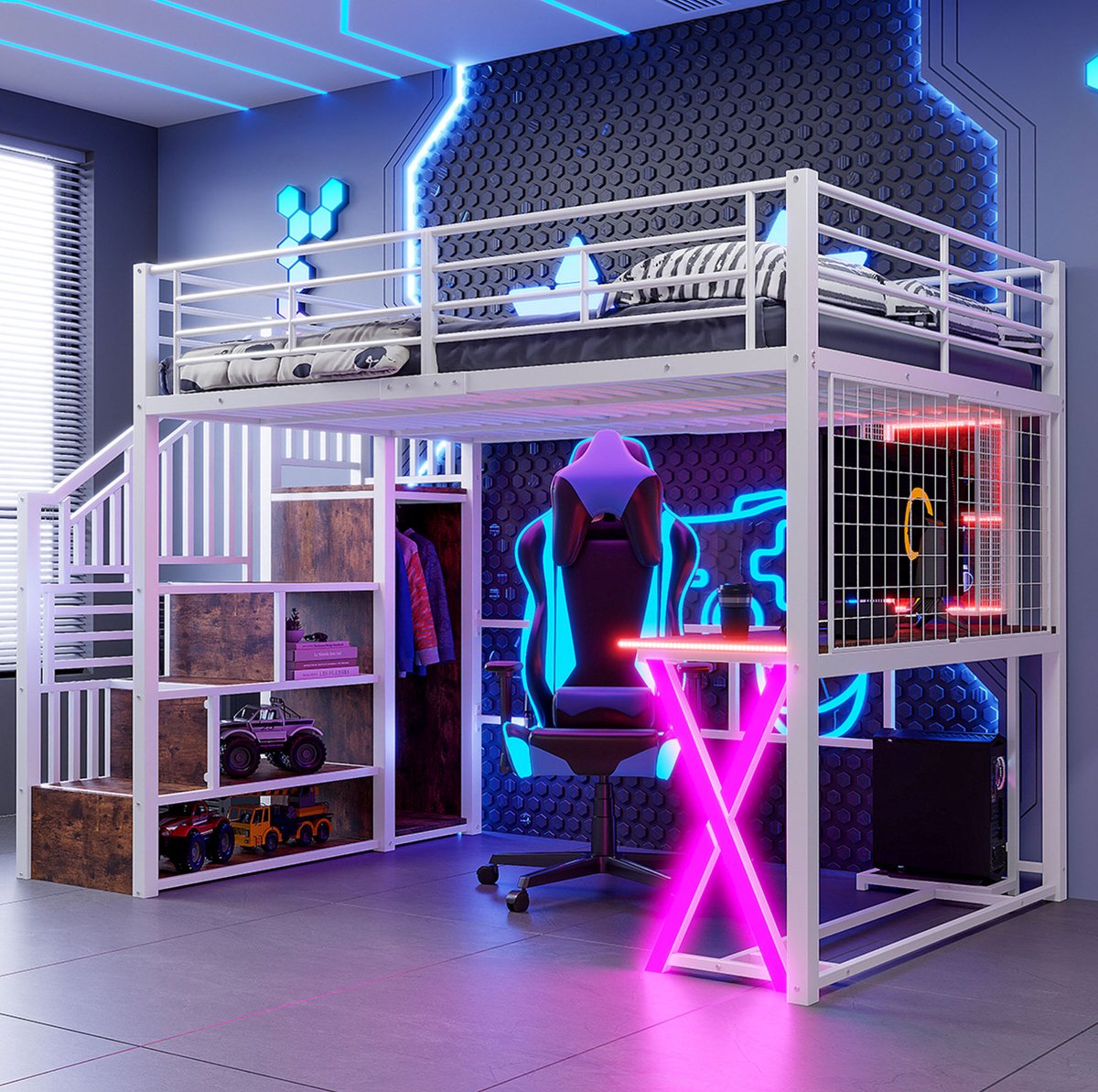 MEUNIQ hoogslaper 140x200 cm met bureau, kledingkast, opbergtrap, planken en LED-verlichting voor slaapkamer of kinderkamer, wit