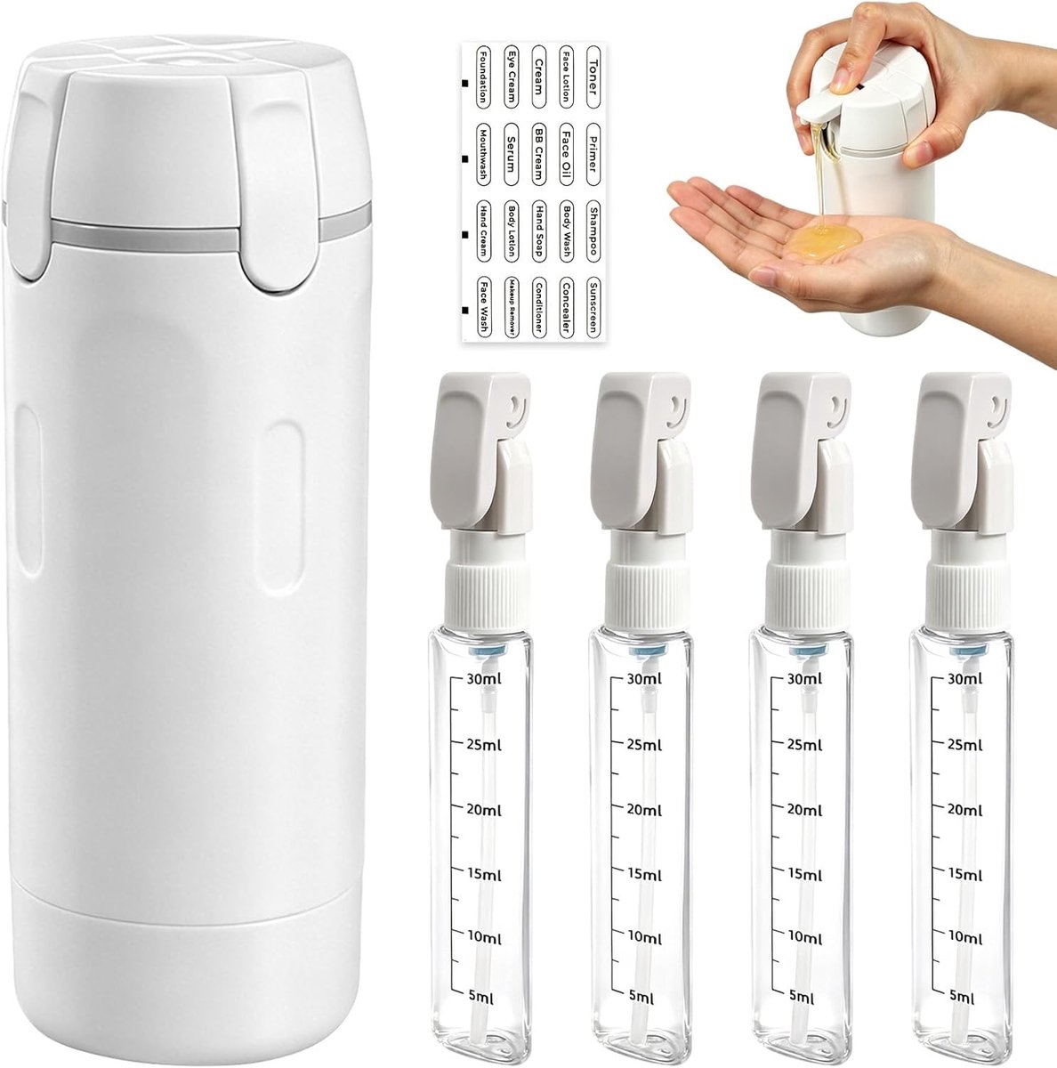 4-in-1 Reisflesjes met Etui - Reisdispenser - Reis Flesjes Navulbaar - Reisaccessoires - Cosmetica Potjes - Reisset - Parfumverstuiver - Voor shampoo, lotion, crème en douchegel - Wit