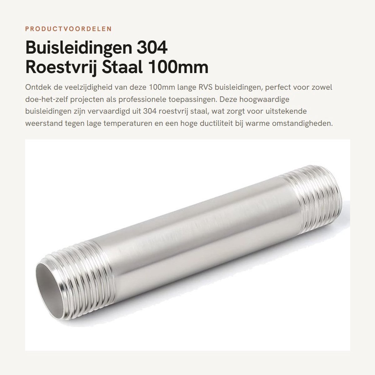 Dailygoods- Buisleiding 100mm - 304 Roestvrij Staal - Mannelijke BSP Tepel