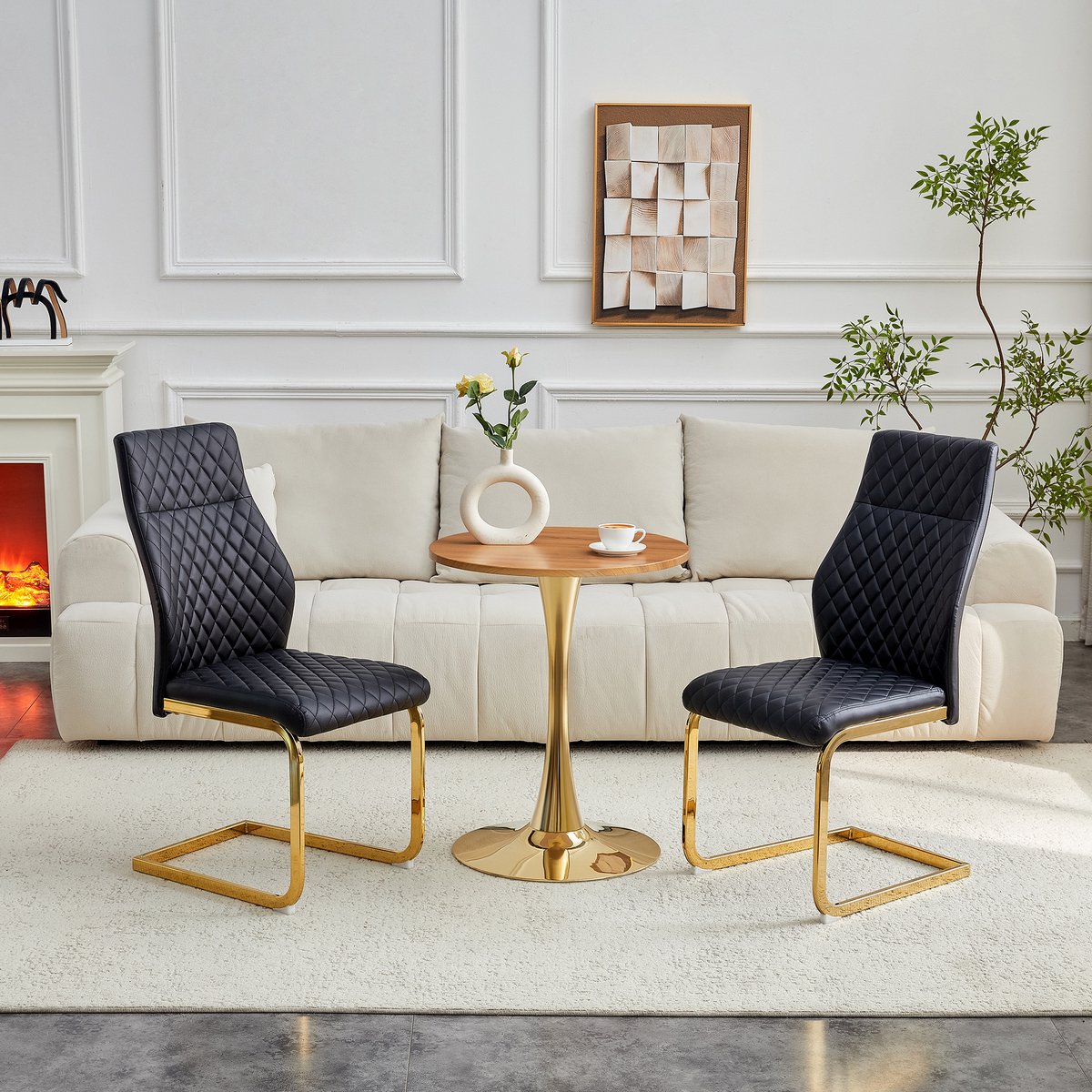 STILVORA Set Tafel En Stoelen Ronde Tafel 60 Cm Met 2 Stoelen Modern Design Met Houtlook MDF Gouden Metalen Frame Voor Eetkamer En Woonkamer