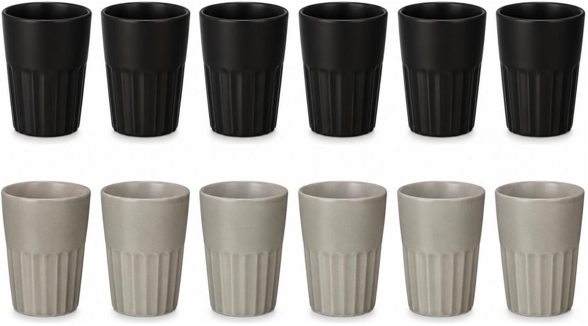 Vessia Design koffiemokken set - 12x - zwart/grijs - zonder oor - keramiek - 300 ml