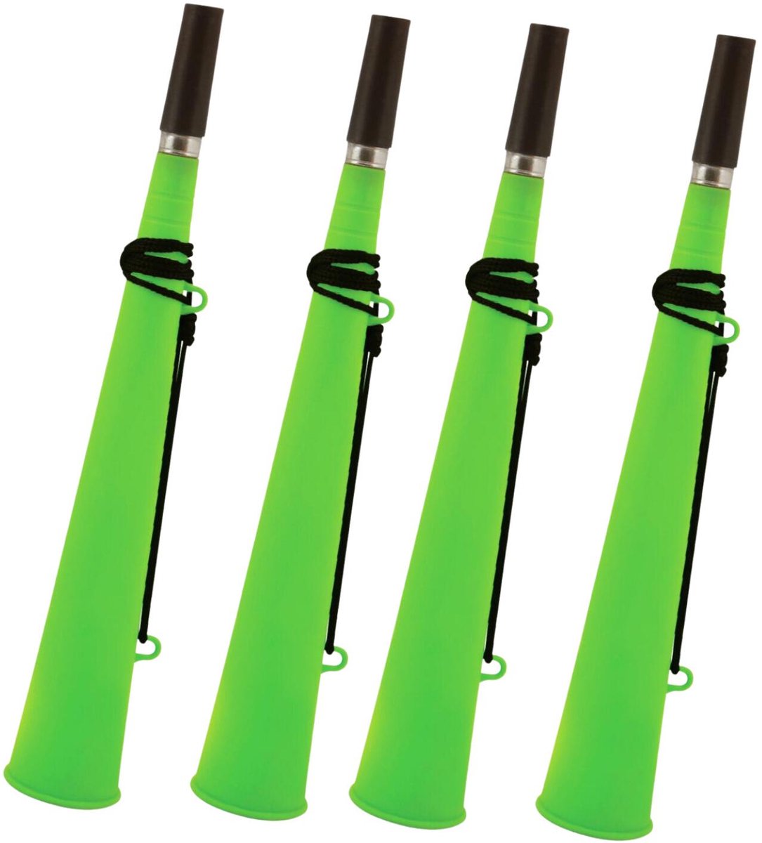 Henbrandt feest / party blaas toeters - set 4x stuks - neon groen - 37 cm - feestartikelen verjaardag - geluidmakers - hoorns - supporters