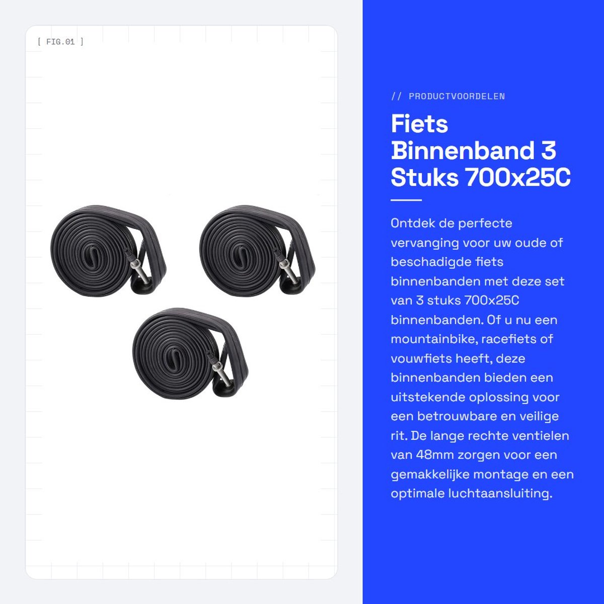 Dailygoods- Fiets Binnenband 700x25C - 3 Stuks - Rubber - Rechte Ventiel 48mm - Duurzaam - Optimale Grip/Rolweerstand - Fietsband