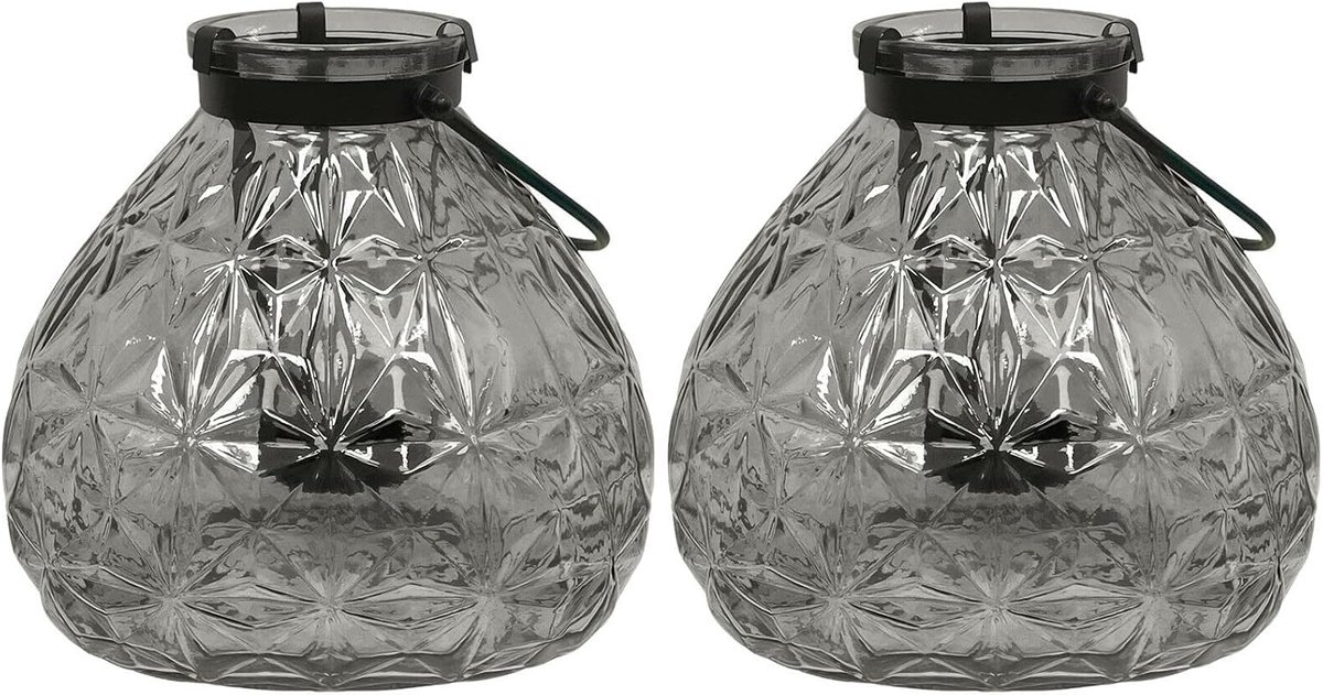 Glazen Lantaarns - Set van 2 - Sfeer Creëren - Met Touwhandvat - Hoogte 25cm - Grijs