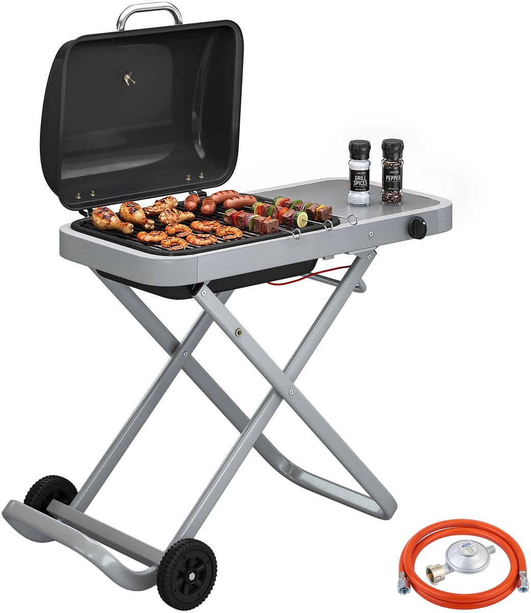 Draagbare gasbarbecue - 1 brander - 2 - 5 kW - barbecuewagen met inklapbaar onderstel - grillrooster - bijzettafel - deksel - thermometer