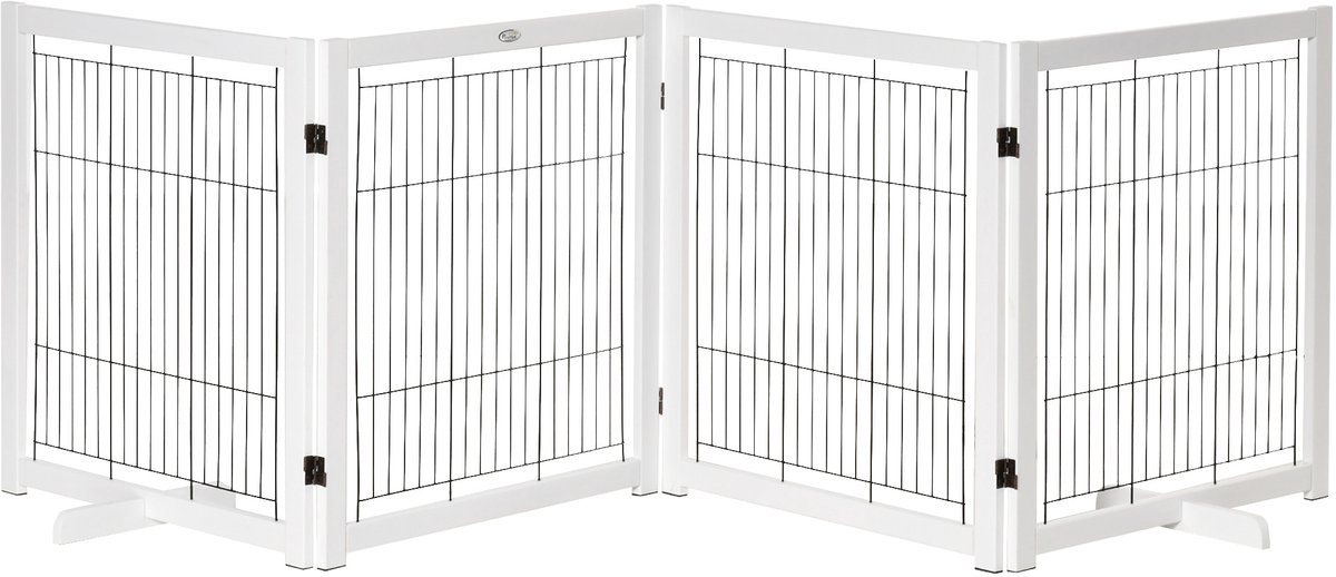 Vrijstaande hondenpoort met poten - 305 x 82 cm - hout - opvouwbaar - voor trappen - deuren - gangen - 4 panelen - wit