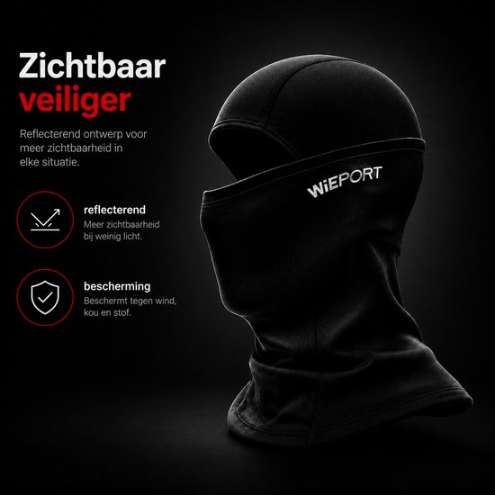 Zwarte bivakmuts met het "WIEPORT" logo. Linker iconen "reflecterend" en "bescherming". Tekst "Zichtbaar veiliger".