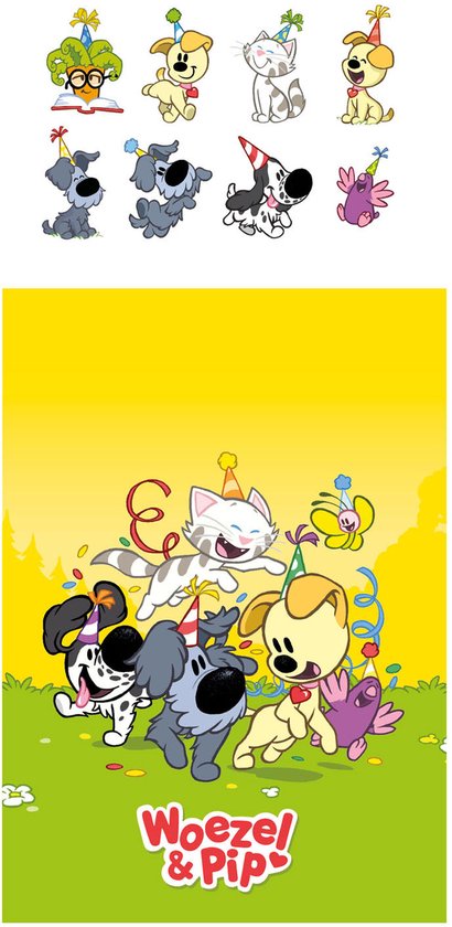 Illustratie van katten en honden met feesthoedjes, rond een boom, met de tekst 'Woezel & Pip'.