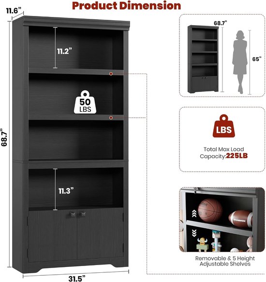 Afmetingen van de zwarte boekenkast: 68,7" hoog, 31,5" breed. Met verstelbare planken en 2 deuren.